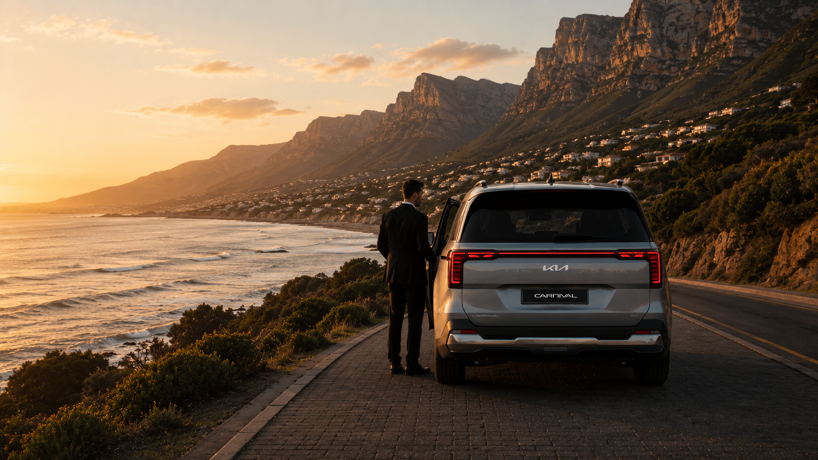 Silver Kia Carnival on a Cape Town mountain road at dusk
